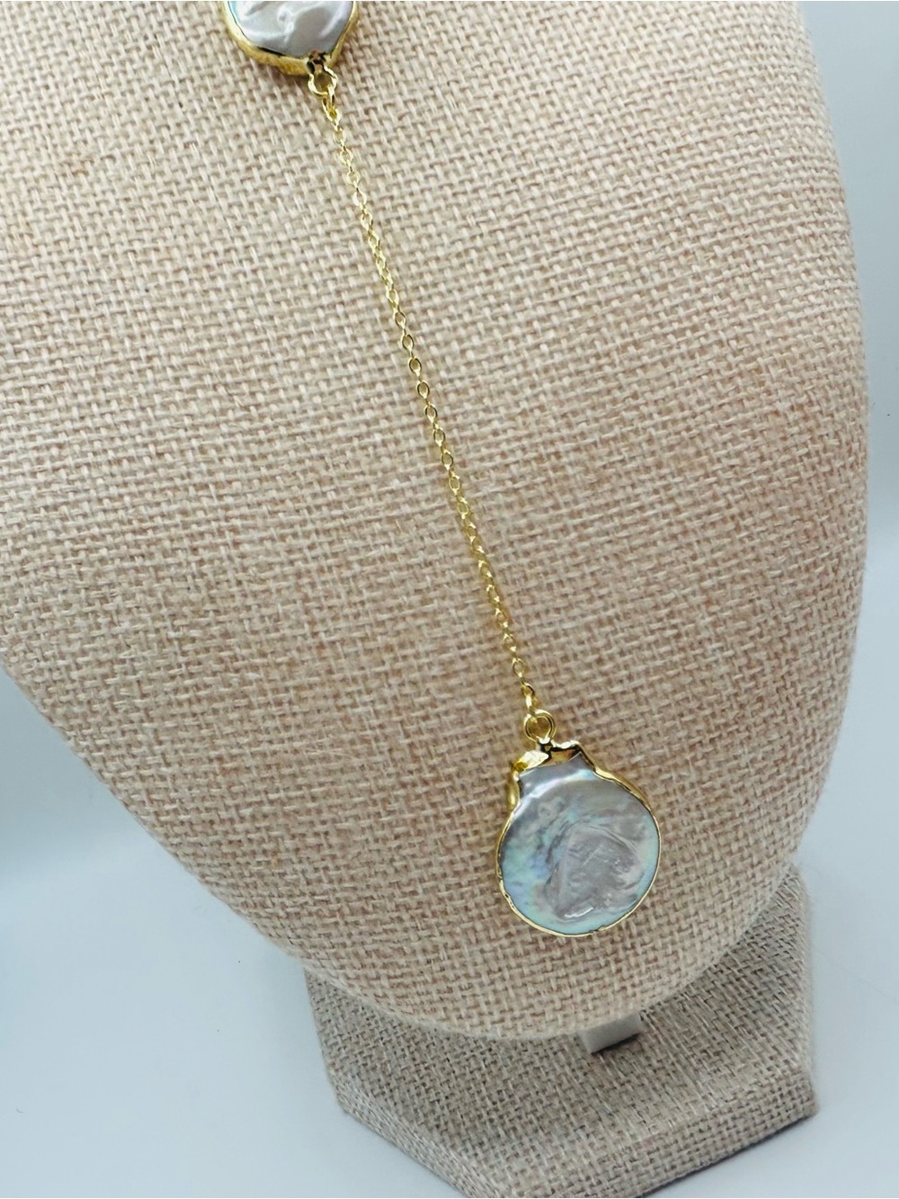 Coin Pearl Drop lariat Necklace